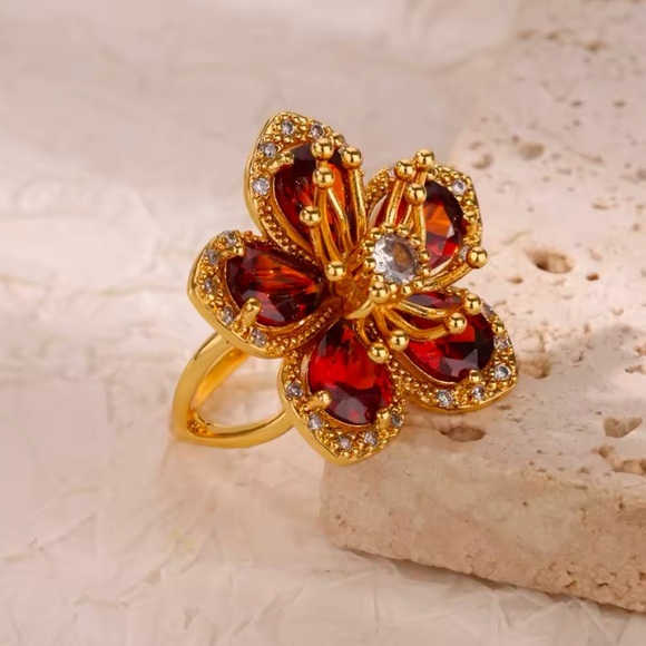 Anthropologie Blossom Ruby Red Floral Gold Adjustable Ring - Picture 1 of 6